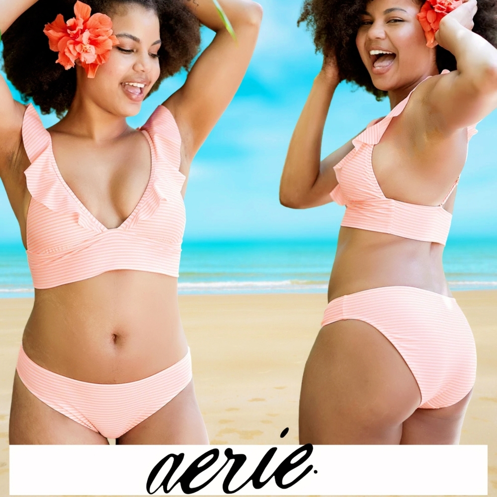 Aerie Bikini Swuimsuit Triangle Ruffle Top Size XL & Orange Striped Bottom Sz L